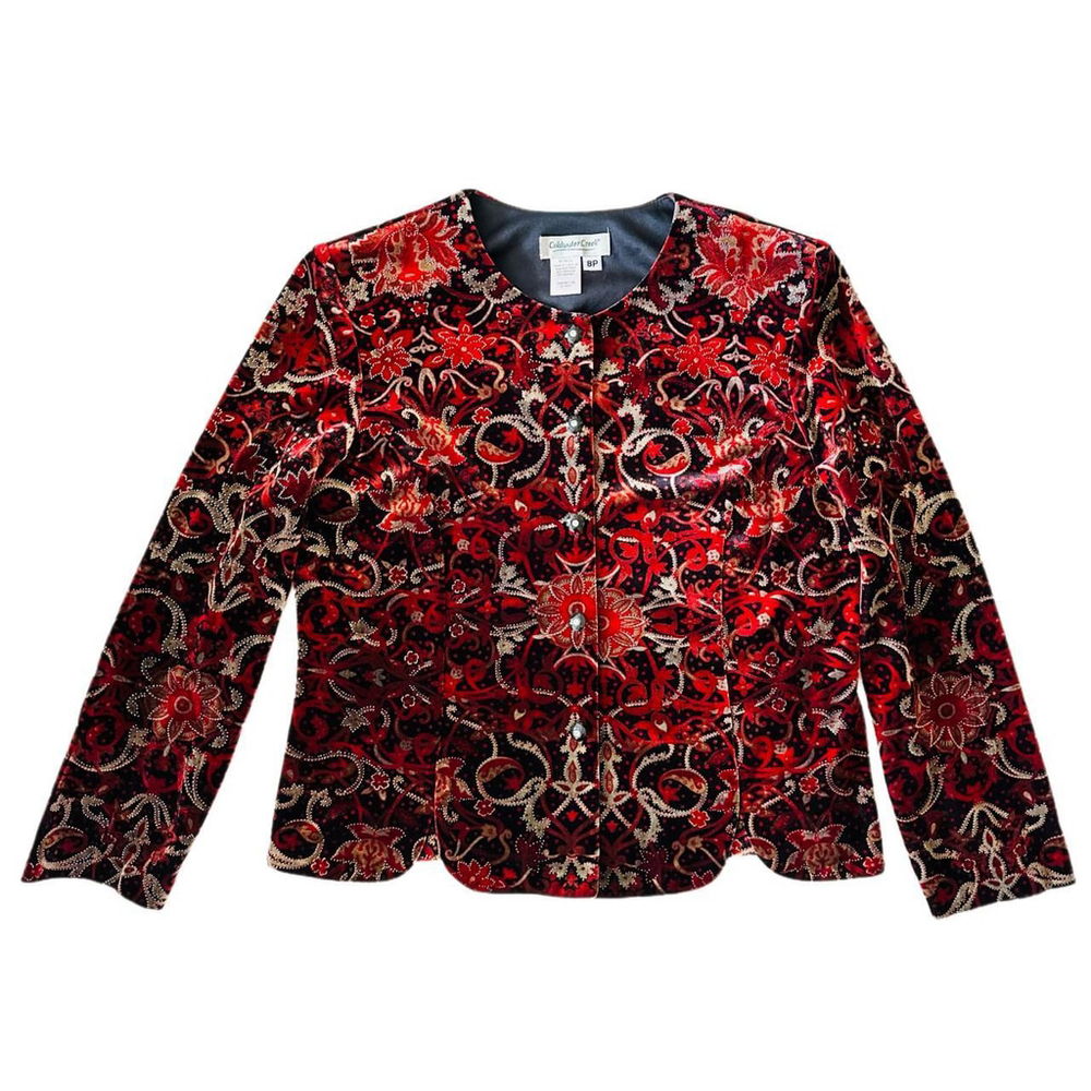 Vintage Coldwater Creek red, black, and gold velour velvet blazer jacket